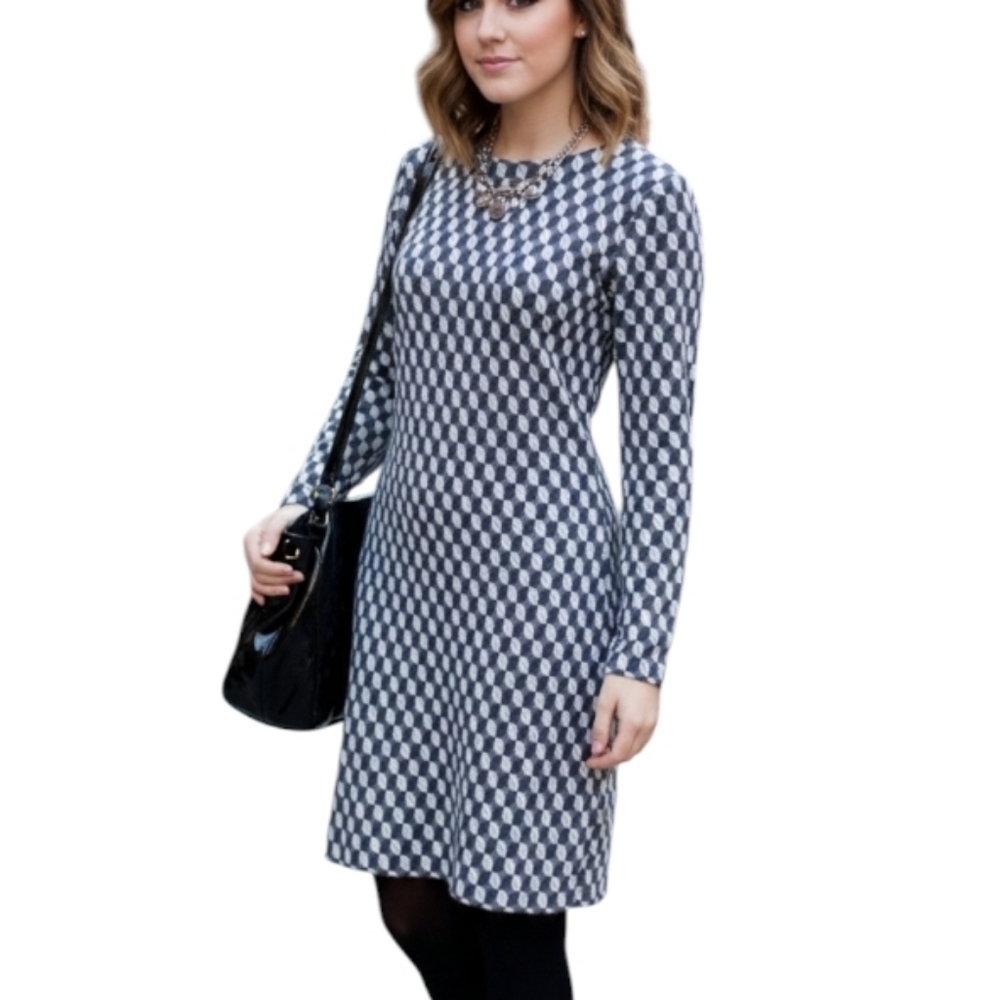 & Other Stories Dress Women 10 Grey Cream Long Sleeve Soft Geometric
